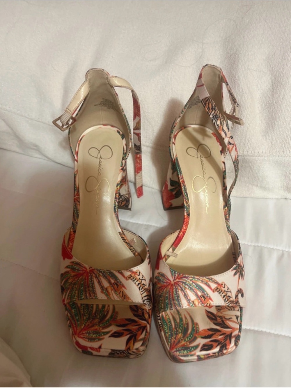 Jessica Simpson Multicolor Tropical Print Ankle Strap Block Heels